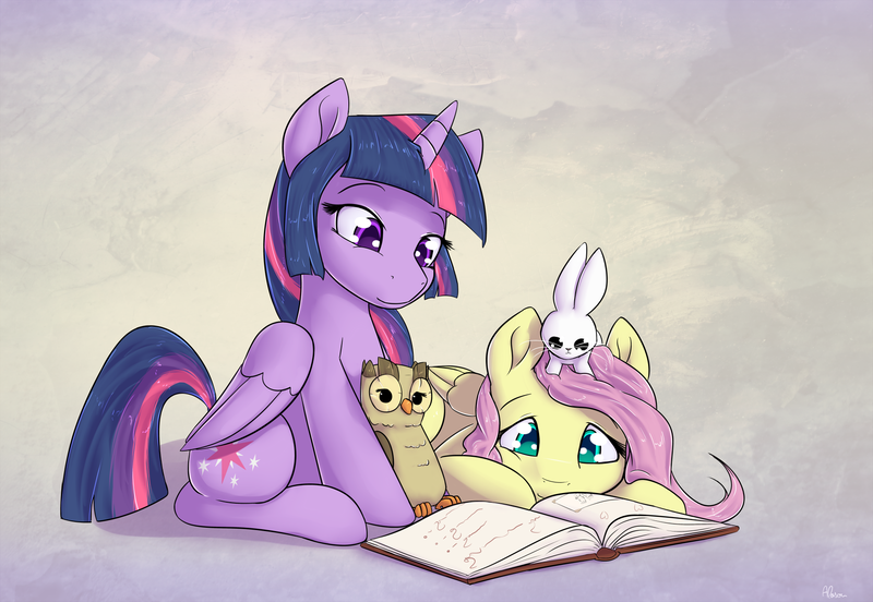 Size: 1736x1198 | Tagged: safe, artist:alasou, deleted from derpibooru, derpibooru import, angel bunny, fluttershy, owlowiscious, twilight sparkle, twilight sparkle (alicorn), alicorn, pony, book, cute, photo, print, prone, reading, shyabetes, twiabetes