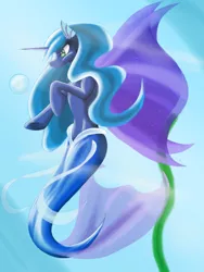 Size: 768x1024 | Tagged: safe, derpibooru import, princess luna, alicorn, merpony, pony, seapony (g4), blue mane, bubble, colored, crepuscular rays, digital art, eyelashes, female, fin wings, fins, fish tail, flowing mane, flowing tail, green eyes, horn, image, mare, mermaid tail, mermaidized, ocean, png, seaponified, seapony luna, solo, species swap, sunlight, swimming, tail, underwater, water, wings