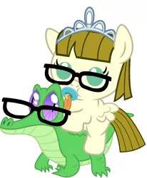 Size: 836x1017 | Tagged: safe, artist:red4567, derpibooru import, gummy, zippoorwhill, pegasus, pony, baby, baby pony, cute, glasses, pacifier, ponies riding gators, riding, weapons-grade cute, zippoorbetes
