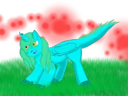 Size: 2592x1944 | Tagged: safe, artist:coolcatcool, derpibooru import, oc, unofficial characters only, alicorn, dracony, dragon, hybrid, pony, alicorn oc, broken horn, dragon hybrid, grass, lidded eyes, open mouth, red, smiling, solo