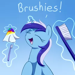 Size: 1280x1280 | Tagged: safe, artist:acersiii, derpibooru import, minuette, pony, unicorn, 28 pranks later, brushie, cookie zombie, dialogue, eyes closed, female, magic, mare, mint, open mouth, toothbrush