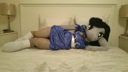 Size: 5312x2988 | Tagged: anthro, anthro plushie, artist:bigsexyplush, artist:somethingaboutoctavia, bed, bedroom eyes, capcom, chun li, clothes, costume, crossover, derpibooru import, doll, draw me like one of your french girls, dress, irl, lying, lying down, octavia melody, outfit, panties, pantyhose, photo, pillow, plushie, pose, safe, sash, side, skirt, socks, solo, street fighter, sultry, sultry pose, thunder thighs, tights, toy, underwear, wide hips