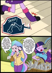 Size: 534x752 | Tagged: semi-grimdark, artist:madmax, derpibooru import, edit, princess celestia, twilight sparkle, equestria girls, abuse, broken bone, broken leg, comic, cropped, knife, mobile phone, phone, principal celestia, secrets of the school, this will end in death, twilybuse