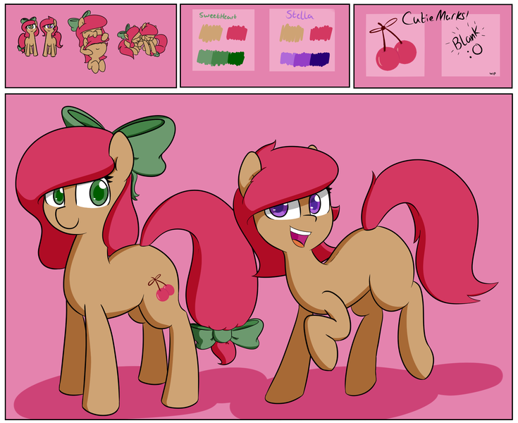 Size: 1838x1500 | Tagged: artist:lockheart, cherry, cutie mark, derpibooru import, food, hair bow, oc, oc:cherry sweetheart, oc:stella cherry, open mouth, reference sheet, safe, siblings, tail bow, teeth, text, twins, unofficial characters only