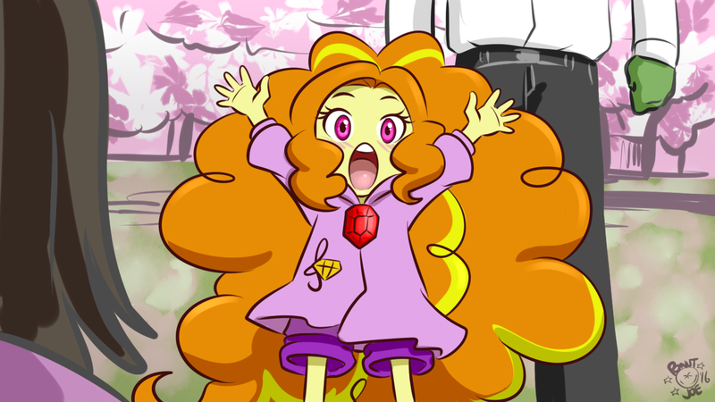 Size: 1280x720 | Tagged: safe, artist:ponut_joe, derpibooru import, adagio dazzle, oc, oc:anon, equestria girls, :o, adoragio, amaama to inazuma, anime, blushing, clothes, cute, female, fluffy hair, gem, hoodie, looking at you, offscreen character, open mouth, pants, ponutjoe is trying to murder us, reference, siren gem, solo focus, sweetness and lightning, tree, younger