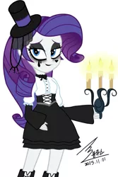 Size: 743x1114 | Tagged: safe, artist:bluse, derpibooru import, rarity, equestria girls, background removed, candle, clothes, costume, eyeliner, female, goth, gothity, hat, makeup, show accurate, simple background, solo, top hat, white background