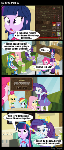 Size: 1288x3000 | Tagged: safe, artist:bredgroup, derpibooru import, applejack, fluttershy, pinkie pie, rainbow dash, rarity, spike, twilight sparkle, twilight sparkle (alicorn), comic:eg rpg, equestria girls, boots, cafe, clothes, comic, heroes of might and magic, heroes of might and magic 3, high heel boots, screencap comic, skirt