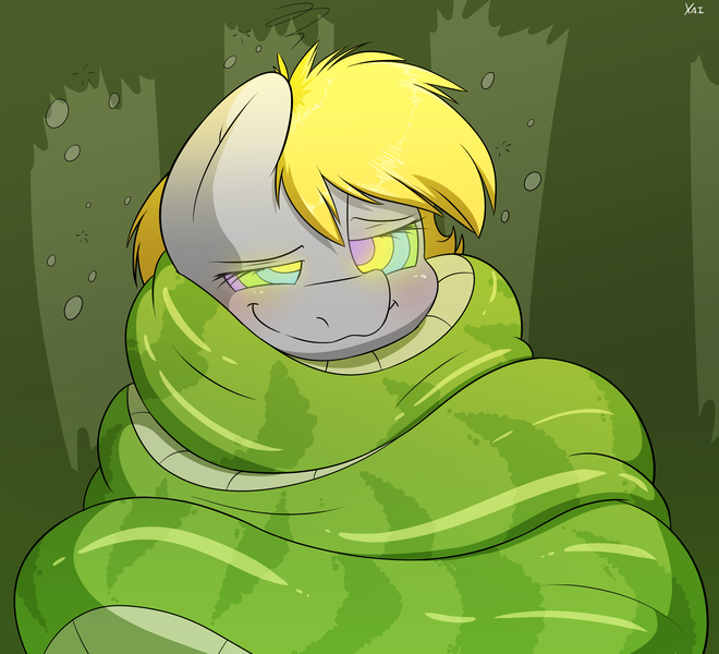 Size: 2625x2385 | Tagged: safe, artist:fluffyxai, derpibooru import, derpy hooves, pegasus, pony, snake, blushing, coiling, coils, female, forest, hypnosis, hypnosis fetish, hypnotized, kaa eyes, mare, sleepy, sleepy eyes, smiling, solo, swirly eyes, wrapped up