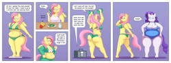 Size: 6000x2200 | Tagged: absurd resolution, anthro, apple, artist:lordstormcaller, banana, bbw, belly button, breasts, broccoli, busty fluttershy, busty rarity, chubby, cleavage, clothes, comic, derpibooru import, dialogue, fat, fattershy, female, flutterbutt, fluttershy, fork, fruit, jealous, obese, open mouth, plump, raritubby, rarity, speech bubble, stereo, stubby, suggestive, table, unguligrade anthro, vegetables, water bottle, weight lifting, weight loss, workout
