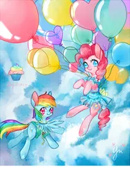 Size: 480x640 | Tagged: dead source, safe, artist:croon yu, derpibooru import, pinkie pie, rainbow dash, earth pony, pegasus, pony, balloon, clothes, cloud, colored pupils, cupcake, cute, dress, duo, flying, food, heart, pixiv, rainbow cupcake, sky, stars, then watch her balloons lift her up to the sky