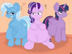 Size: 1600x1200 | Tagged: safe, artist:theimmortalwolf, derpibooru import, starlight glimmer, trixie, twilight sparkle, twilight sparkle (alicorn), alicorn, pony, unicorn, ..., belly, big belly, female, golden oaks library, heart, lidded eyes, mare, outie belly button, preglight glimmer, preglight sparkle, pregnant, question mark, raised hoof, twilight is not amused, unamused