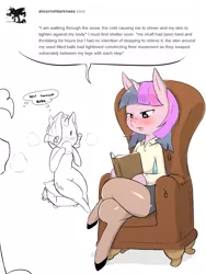 Size: 1200x1600 | Tagged: armchair, artist:cold-blooded-twilight, book, chair, clothes, cold blooded twilight, derpibooru import, explicit source, pantyhose, rarity, reading, semi-anthro, shirt, shoes, sitting, skirt, suggestive, twilight sparkle