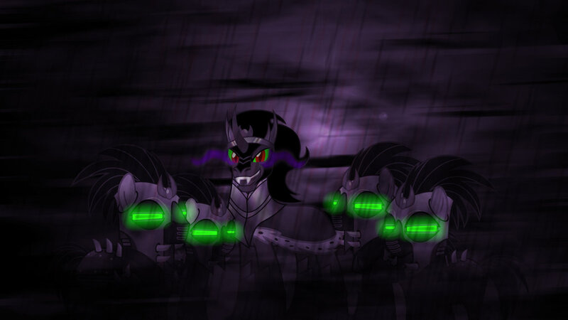 Size: 1024x576 | Tagged: alternate timeline, artist:sketchmedia, crystal war timeline, derpibooru import, glowing eyes, king sombra, mind control, rain, safe, sombra soldier