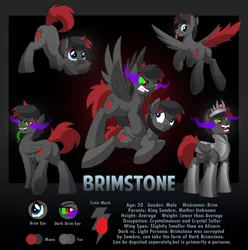 Size: 3472x3499 | Tagged: safe, artist:drawponies, derpibooru import, oc, oc:brimstone, unofficial characters only, pegasus, pony, armor, body armor, collar, corrupted, evil grin, evil laugh, face down ass up, fangs, flying, offspring, original character do not steal, parent:king sombra, plot, reference sheet, sad, scared, sombra eyes