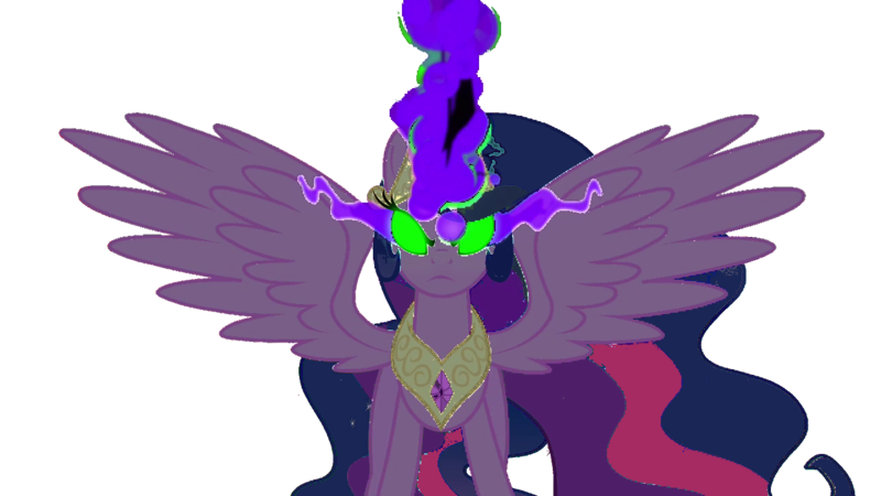 Size: 1280x720 | Tagged: safe, artist:wolfangelmoon, derpibooru import, twilight sparkle, twilight sparkle (alicorn), alicorn, pony, the crystal empire, dark magic, ethereal mane, female, glowing eyes, magic, mare, older, peytral, simple background, solo, sombra eyes, spread wings, transparent background, ultimate twilight, vector, wings