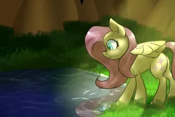 Size: 3300x2200 | Tagged: artist:bravefleet, derpibooru import, fluttershy, grass, lake, safe, solo, tree, water