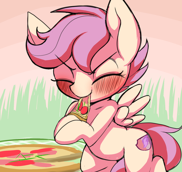 Size: 1752x1661 | Tagged: safe, artist:ccc, derpibooru import, scootaloo, pegasus, pony, blushing, cute, cutealoo, cutie mark, eating, female, filly, food, mare, meat, pepperoni, pepperoni pizza, pizza, ponies eating meat, solo, the cmc's cutie marks