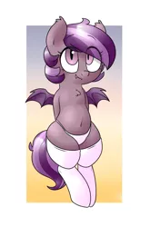 Size: 1209x1828 | Tagged: suggestive, artist:victoreach, derpibooru import, oc, oc:iris, unofficial characters only, bat pony, pony, belly button, chubby, clothes, panties, pink underwear, socks, solo, underwear