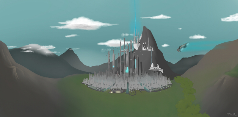 Size: 1400x688 | Tagged: artist:php49, canterlot, car, city, derpibooru import, future, mountain, no pony, safe, science fiction, signature, skyscraper