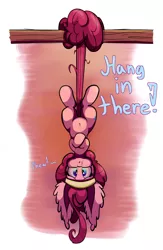 Size: 1500x2300 | Tagged: artist:heir-of-rick, belly button, big ears, cute, derpibooru import, diapinkes, ear fluff, hanging, hang in there, impossibly large ears, pinkie pie, prehensile tail, safe, solo, sweat, sweatband, upside down