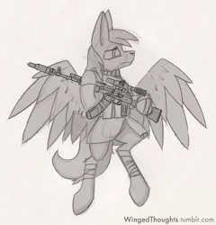 Size: 1038x1080 | Tagged: ak-47, artist:wingedthoughts, assault rifle, bandage, clothes, derpibooru import, flying, gun, oc, oc:rack redstar, rifle, safe, scope, serious, serious face, solo, spread wings, staker, unofficial characters only, weapon