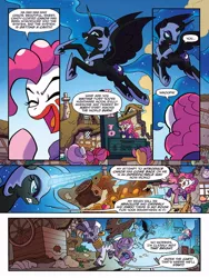 Size: 720x960 | Tagged: safe, artist:tonyfleecs, derpibooru import, idw, nightmare moon, pinkie pie, spike, zecora, dragon, earth pony, pony, zebra, ponies of dark water, spoiler:comic, spoiler:comic45, clown, comic, ear piercing, earring, ethereal mane, face paint, female, flying, helmet, hoof shoes, jewelry, leg rings, male, mare, neck rings, nightmare moon glamour, official comic, peytral, piercing, pinkie joker, preview, speech bubble, starry mane