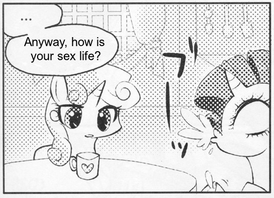 Size: 546x395 | Tagged: artist needed, questionable, derpibooru import, rarity, sweetie belle, pony, unicorn, ..., exploitable meme, female, filly, many many pony, mare, meme, monochrome, mug, spit take, the room