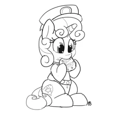 Size: 1280x1203 | Tagged: safe, artist:pabbley, derpibooru import, sweetie belle, pony, unicorn, 28 pranks later, cookie, cute, cutie mark, diasweetes, eating, female, filly, filly scouts, food, grayscale, monochrome, nom, simple background, sitting, solo, the cmc's cutie marks, white background