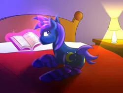 Size: 1280x960 | Tagged: artist:inlustriusghost, bed, book, clothes, crossed hooves, cutie mark, derpibooru import, lamp, levitation, magic, male, oc, oc:bright sight, plot, reading, smiling, socks, striped socks, suggestive, telekinesis, unofficial characters only