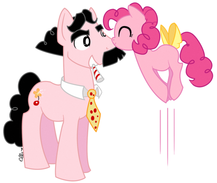 Size: 800x673 | Tagged: artist:ellisarts, concept, derpibooru import, father and daughter, female, filly, groucho marx, oc, oc:gotcha, pinkie pie, ponified, pronking, safe, tail bow