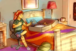 Size: 1787x1200 | Tagged: safe, artist:cuttledreams, derpibooru import, sunset shimmer, equestria girls, bed, chair, food, muffin, newbie artist training grounds, packing, sitting, solo, suitcase