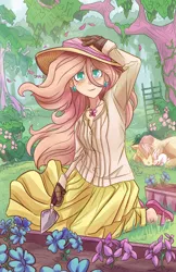 Size: 3000x4637 | Tagged: angel bunny, artist:dracojayproduct, blushing, clothes, derpibooru import, feet, flip-flops, flower, fluttershy, garden, gardening, hat, human, humanized, human ponidox, jewelry, long skirt, looking at you, necklace, safe, sandals, shirt, skirt, solo, windswept mane