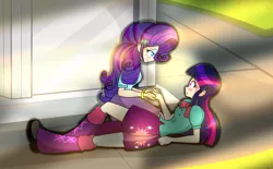 Size: 2592x1603 | Tagged: safe, artist:derpyramone, derpibooru import, part of a set, rarity, twilight sparkle, twilight sparkle (alicorn), equestria girls, canterlot high, clothes, courtyard, crepuscular rays, eye contact, fanfic art, female, human coloration, lesbian, pleated skirt, rarilight, school, shipping, skirt, smiling, statue, sunset