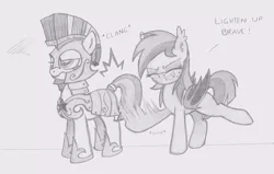 Size: 1180x750 | Tagged: safe, artist:lockerobster, derpibooru import, oc, oc:brave, oc:vannie, bat pony, earth pony, pony, 4chan, armor, guardsmare, monochrome, night guard, royal guard, spanking