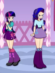 Size: 1944x2592 | Tagged: source needed, useless source url, safe, artist:derpyramone, derpibooru import, part of a set, rarity, twilight sparkle, twilight sparkle (alicorn), fanfic, equestria girls, angry, argument, carousel boutique, clothes, crying, fanfic art, female, heartbreak, human coloration, lesbian, rarilight, sad, shipping, skirt