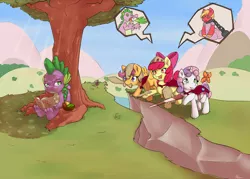 Size: 1736x1240 | Tagged: safe, artist:alasou, deleted from derpibooru, derpibooru import, apple bloom, big macintosh, scootaloo, spike, sweetie belle, butterfly, dragon, earth pony, pony, adorabloom, armor, ball and chain, book, cape, chibi, cliff, clothes, collar, colored pupils, crepuscular rays, crossdressing, cute, cutealoo, cutie mark, cutie mark crusaders, diasweetes, distracted, dress, female, filly, fire, fire breath, frown, gem, glare, green fire, helmet, hoof hold, lance, leash, lidded eyes, looking at something, looking up, male, mouth hold, pictogram, pointing, princess big mac, racism, raised hoof, reading, river, sad, shade, shield, sideways glance, smiling, smirk, speech bubble, stallion, stereotype, sword, tape, the cmc's cutie marks, tree, unamused, water, weapon, wooden sword