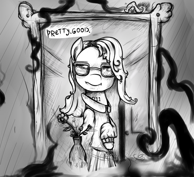 Size: 708x647 | Tagged: safe, artist:cookiedesu, derpibooru import, pony, worm, crossover, dialogue, eleven, flower, mirror, monochrome, stranger things, vase