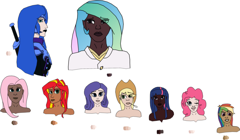 Size: 3397x1982 | Tagged: applejack, artist:coldgoldlazarus, dark skin, derpibooru import, ethnicities, fluttershy, human, humanized, mane six, nightmare moon, pinkie pie, princess celestia, rainbow dash, rarity, safe, sunset shimmer, twilight sparkle