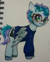 Size: 1075x1337 | Tagged: safe, artist:hippykat13, derpibooru import, oc, oc:kitty sweet, unofficial characters only, pegasus, pony, bags under eyes, clothes, drool, fangs, freckles, glasses, piercing, ponysona, scar, short hair, short mane, solo, traditional art