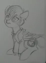 Size: 982x1331 | Tagged: safe, artist:hippykat13, derpibooru import, oc, oc:kitty sweet, unofficial characters only, pegasus, pony, >:c, black and white, clothes, freckles, glasses, grayscale, hoodie, monochrome, piercing, ponysona, sketch, solo, traditional art