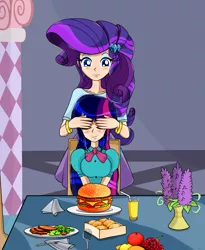 Size: 1858x2264 | Tagged: source needed, useless source url, safe, artist:derpyramone, derpibooru import, part of a set, rarity, twilight sparkle, twilight sparkle (alicorn), equestria girls, burger, carousel boutique, covering eyes, female, food, hamburger, happy, human coloration, lesbian, meal, rarilight, shipping, twilight burgkle