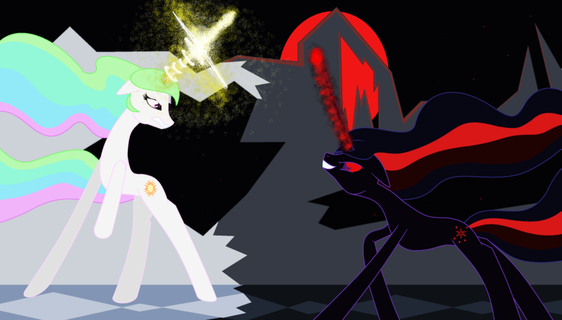 Size: 3098x1762 | Tagged: safe, artist:rosemp3, derpibooru import, princess celestia, twilight sparkle, twilight sparkle (alicorn), oc, oc:blacklight, alicorn, pony, corrupted, fight, twilight is anakin, tyrant sparkle, wingless