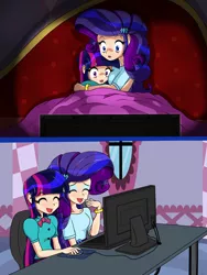 Size: 1944x2592 | Tagged: source needed, useless source url, safe, artist:derpyramone, derpibooru import, part of a set, rarity, twilight sparkle, human, equestria girls, carousel boutique, computer, computer mouse, desk, female, hug, humanized, internet, keyboard, laughing, lesbian, movie, movie night, rarilight, scared, shipping, television