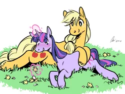 Size: 1280x967 | Tagged: safe, artist:rwl, derpibooru import, applejack, twilight sparkle, earth pony, pony, unicorn, blushing, cuddling, cute, embrace, female, grass, hatless, jackabetes, leaning, lesbian, levitation, magic, mare, missing accessory, prone, shipping, smiling, snuggling, telekinesis, twiabetes, twijack, unicorn twilight, unshorn fetlocks