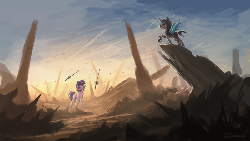 Size: 1920x1080 | Tagged: dead source, safe, artist:shamanguli, derpibooru import, twilight sparkle, changeling, unicorn, atg 2016, fencing, newbie artist training grounds, rapier, solo, sword, unicorn twilight, weapon