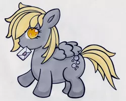 Size: 1024x819 | Tagged: safe, artist:inkytentaclemonster, derpibooru import, derpy hooves, pegasus, pony, chibi, chubby, cute, cutie mark, envelope, female, heart eyes, mailmare, mare, mouth hold, solo, wingding eyes