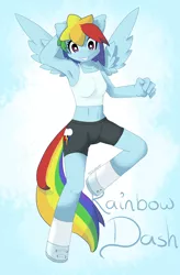 Size: 1302x1989 | Tagged: anatomically incorrect, anthro, armpits, artist:tesslashy, belly button, clothes, cute, cutie mark, cutie mark on clothes, derpibooru import, flying, hoof shoes, incorrect leg anatomy, midriff, rainbow dash, safe, shoes, shorts, socks, solo, tanktop, unguligrade anthro