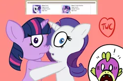 Size: 1280x844 | Tagged: suggestive, artist:tellywebcartoons, derpibooru import, rarity, spike, twilight sparkle, dragon, pony, unicorn, 30 minute art challenge, female, lesbian, lesbian in front of boys, male, mare, open mouth, rarilight, shipping