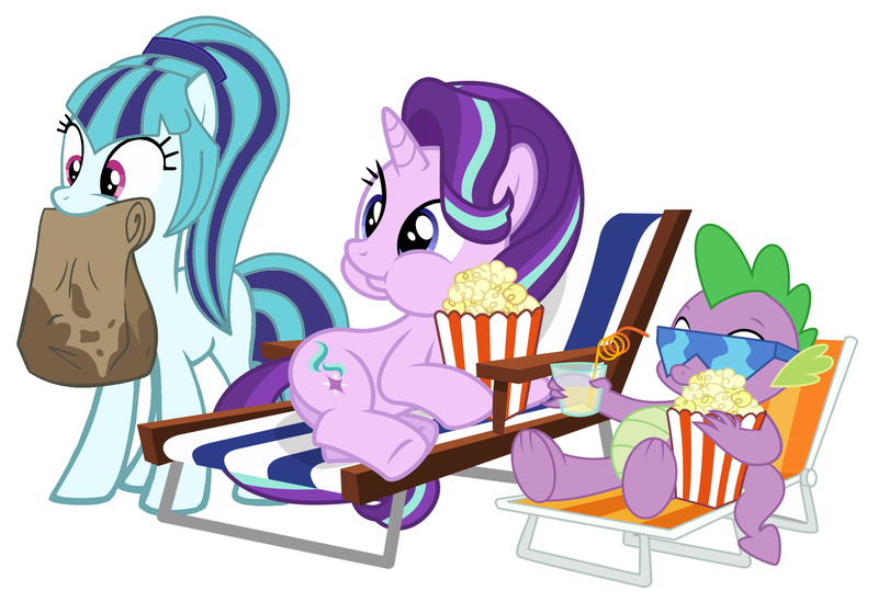 Size: 2752x1888 | Tagged: safe, artist:masem, artist:themexicanpunisher, artist:xebck, derpibooru import, sonata dusk, spike, starlight glimmer, ponified, dragon, earth pony, pony, unicorn, :t, crazy straw, cute, deck chair, drink, eating, female, food, male, mare, mouth hold, nom, paper bag, popcorn, puffy cheeks, side, simple background, sitting, smiling, sonatabetes, sonataco, standing, straw, sunglasses, taco, white background