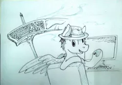 Size: 1280x894 | Tagged: safe, artist:ravetuba, derpibooru import, oc, unofficial characters only, pegasus, pony, fedora, hat, keyboard scythe, monochrome, solo, traditional art